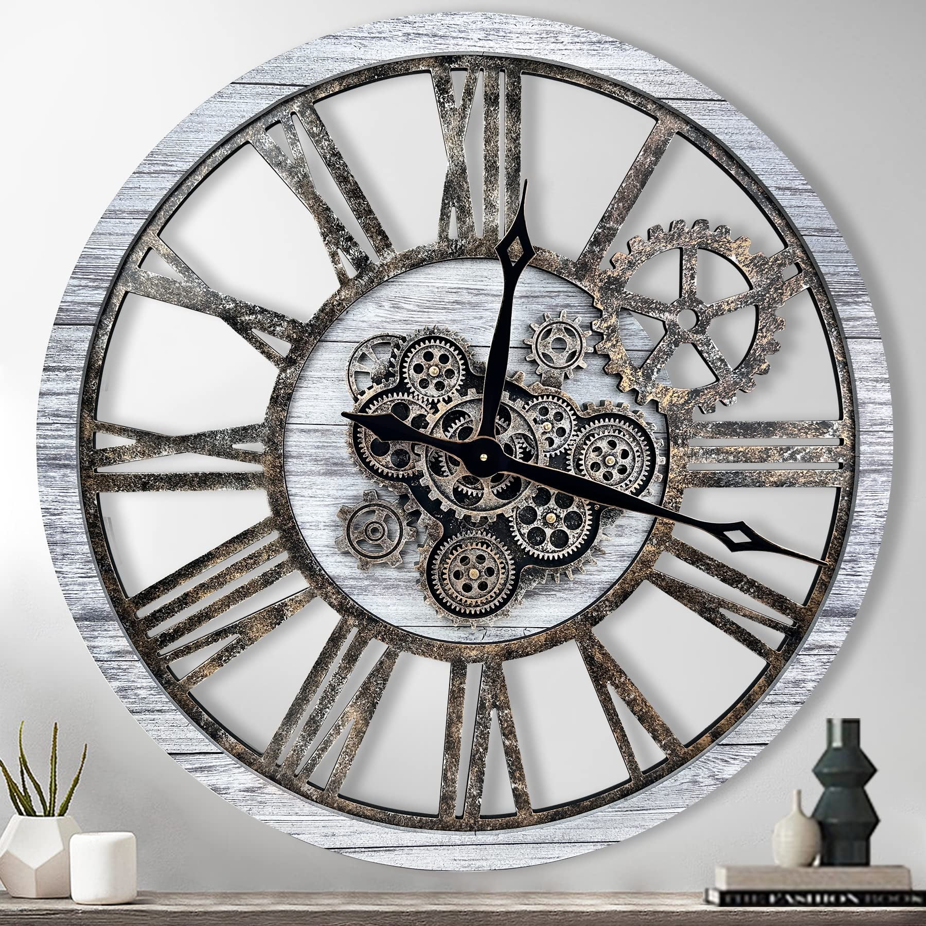 The BStyle Large Real Moving Gears Wall Clock 30 inch Rustic Retro Industrial Farmhouse Wood