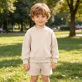 thumbnail image 5 of Kids Boys Girls 2 Piece Fleece Outfit Set 12 18 24 Months 2T 3T 4T 5T 6T Solid Color Long Sleeve Crewneck Sweatshirt & Elastic Waist Shorts Warm Lined Casual Tracksuit Khaki Size 7-8 Years, 5 of 8