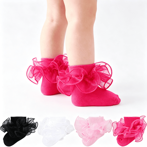 TELOLY Baby Girls Ruffle Socks 2-Layer Lace Frilly Turn Cuff Fancy Dress Socks for Preemie Newborn Infant Toddler Girl Kids 2-Layer Lace Frilly Turn Cuff Fancy Dress Socks Ruffle Socks