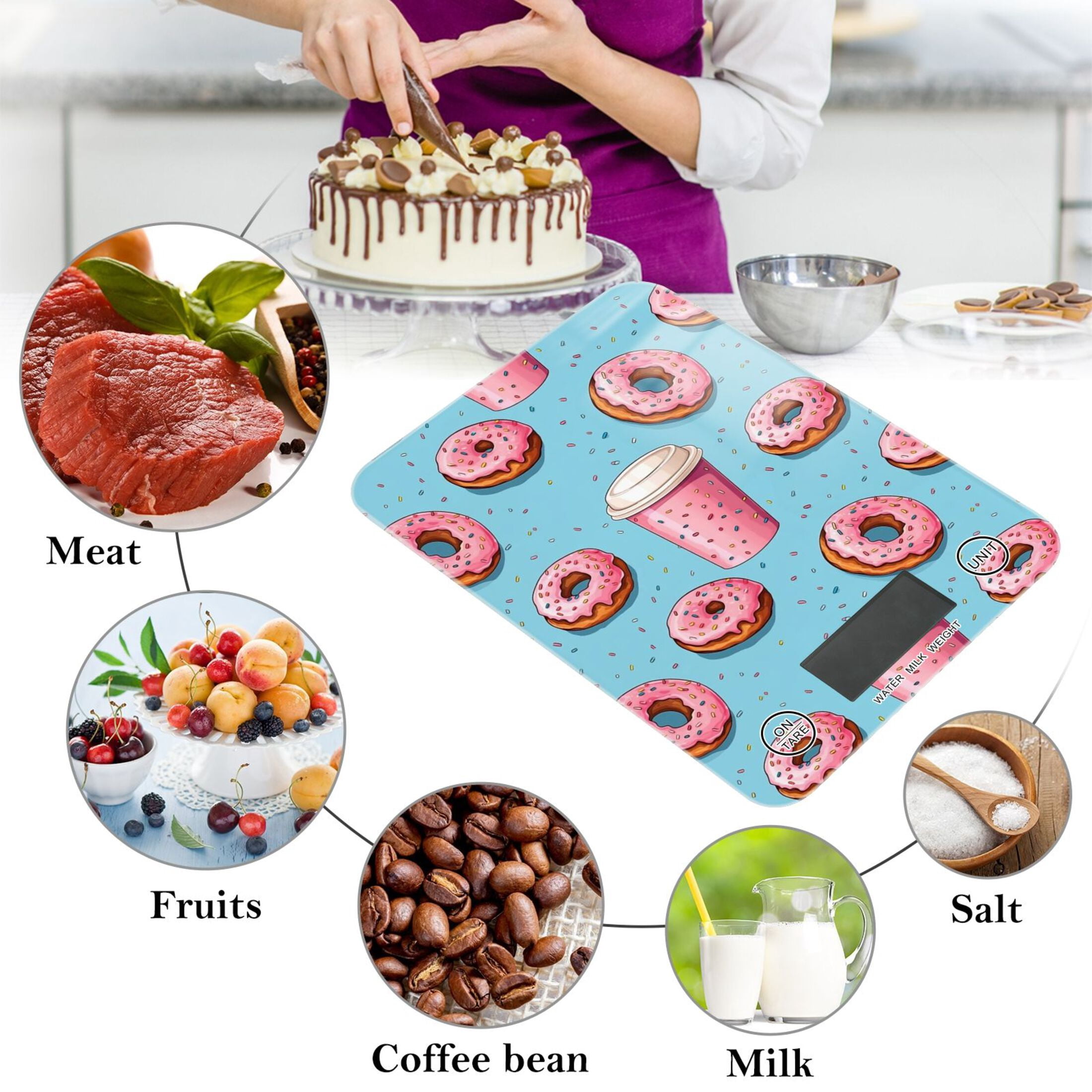 Macarons Coffee Pink Food Scale Digital Kitchen Scale Waterproof Tempered Glass Tare Function 11 lb for Baking Cooking Meal Prep