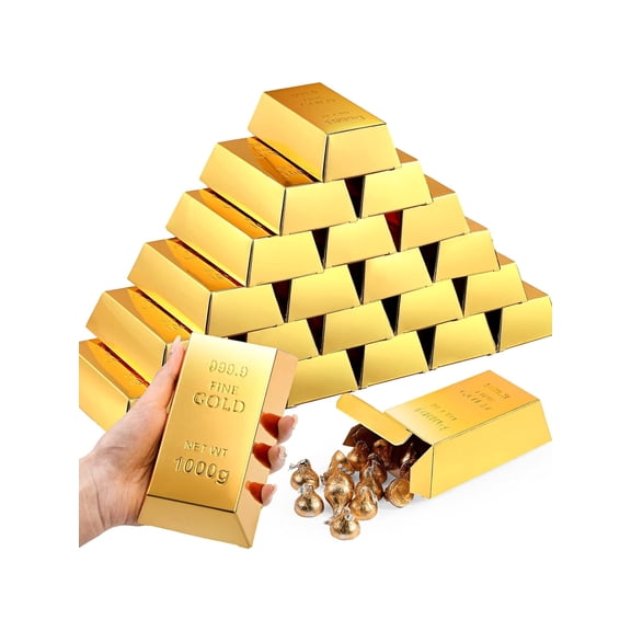 24Pcs Gold Bar Fake Gift Box Foil Gold Bar Party Favor Boxes Paper Golden Favor Boxes Treasure Brick for Pirate Casino Theme Party Decorations