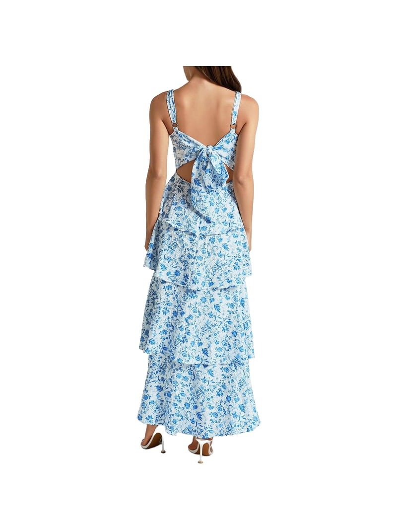 spaghetti strap floral pattern ruffles casual dress Popoship Spaghetti Strap Womens Floral Print Maxi Dresses Casual Sleeveless Ruffle Flowy Tiered Dress, Women's, Size: XL