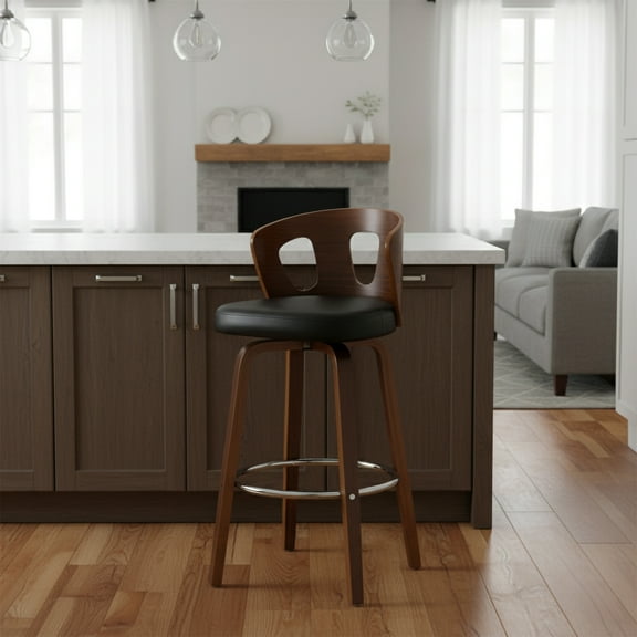 Wood and Black Faux Leather Mid-Century Modern Swivel Barstool with Decorative Back 26-Inch Seat Height