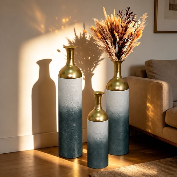 TheEshow Decorative Metal Vases Set of 3, Gold Leaf Pattern Floor Vases, Antique grey White Tall Vases for Home Decor, Living Room Entryway Decor