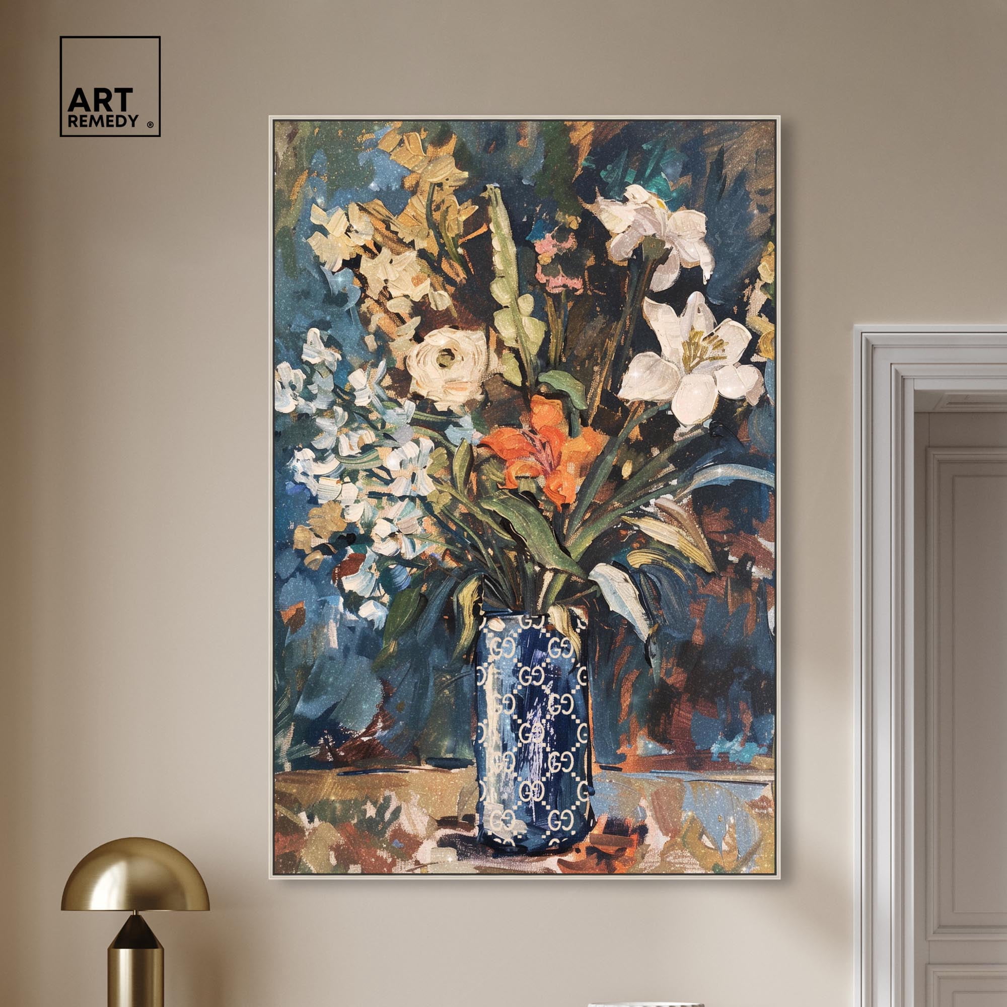 Blue Floral Vase Canvas Floral Vase Wall Art by Art Remedy, Silver Frame, 36" x 54"