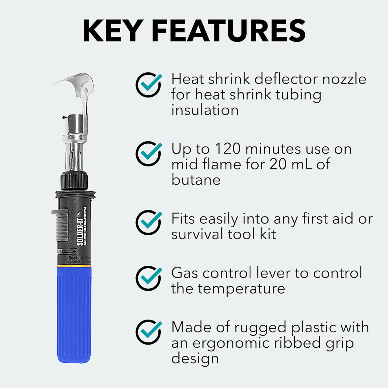 Solder-It Blue Ultra Therm Flameless Heat Gun (MJ-950) | Cordless Heat Gun with Wide Nozzle | Heavy Duty with 20 mL Butane Refill Tank | Mini Heat Gun for Crafts, Heat Shrink, and PVC Bending