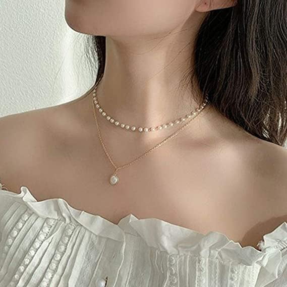 Pearl Layered Necklace for Women Double Pearl Choker Necklace Pearl Pendant Gold Chain for Women and Girls