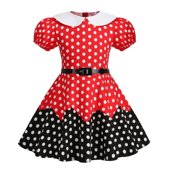 IFNWSV Girls Dresses Ummer Waist Collection Polka Patchwork Doll Neck Short Sleeve Round Neck Dress Red 4-5 Years