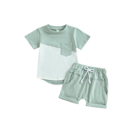 

Qtinghua 2Pcs Toddler Baby Boy Summer Outfits Short Sleeve Top T-Shirt and Pocket Pants Set Green 12-18 Months