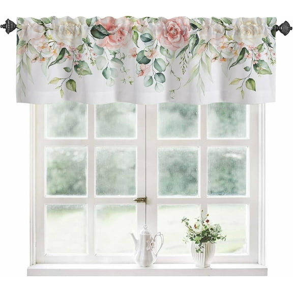Valance Curtains for Windows,Pink White Rose Flowers Semi Sheer Curtain Valance,Watercolor Floral Green Leaves Window Valance Curtains,Rod Pocket Window Treatment for Kitchen Living Room 54"x18"