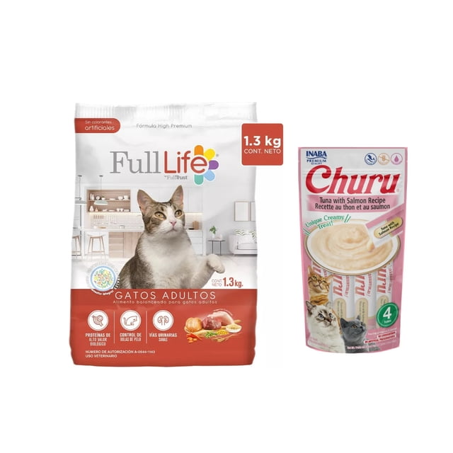 Full Life Gatos Adultos 1.3 kg + Churu Snack Salmon y Atun 14 g (4 Pzas.)
