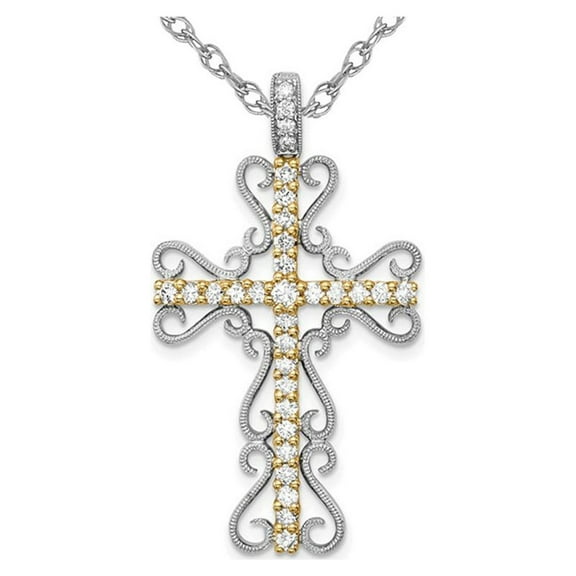 2/3 Carat (Ctw) Diamond Filigree Cross Pendant Necklace in 14K White & Yellow Gold with Chain