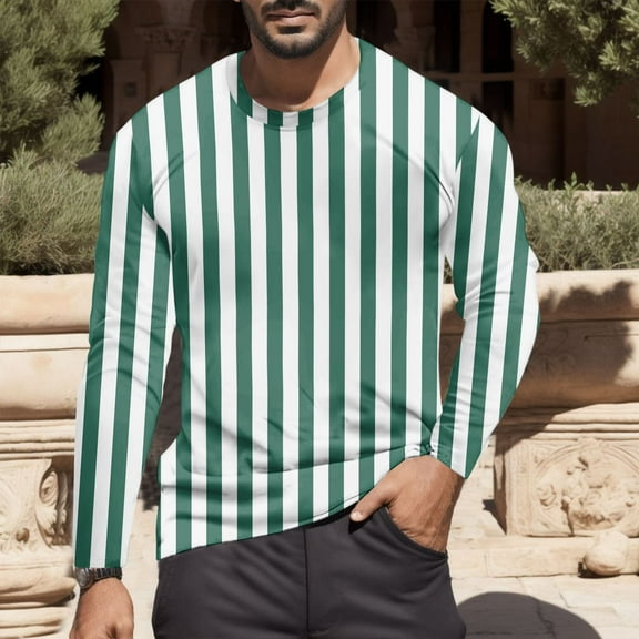GBSYEWXS Men Tee Crew Neck Long Sleeve Vertical Striped Print T-Shirts Fashion Soft Shirts Green