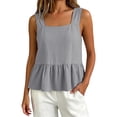 thumbnail image 3 of Helii Women's Square Neck Ruffle Hem Linen Tank Top – 20% Linen 80% Cotton Babydoll Crop Top, Loose Fit Breathable Summer Vest, Casual Sleeveless Top for Women Grey,L, 3 of 7