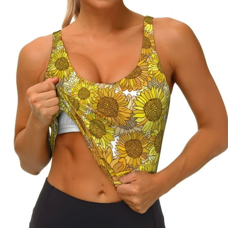 Qokaie Sunflowers1 Pattern Womens Scoop Neck Sports Bra Breathable Workout Vest Padded U Back Medium Impact Fitness Gym Yoga Bra Workout Crop Top