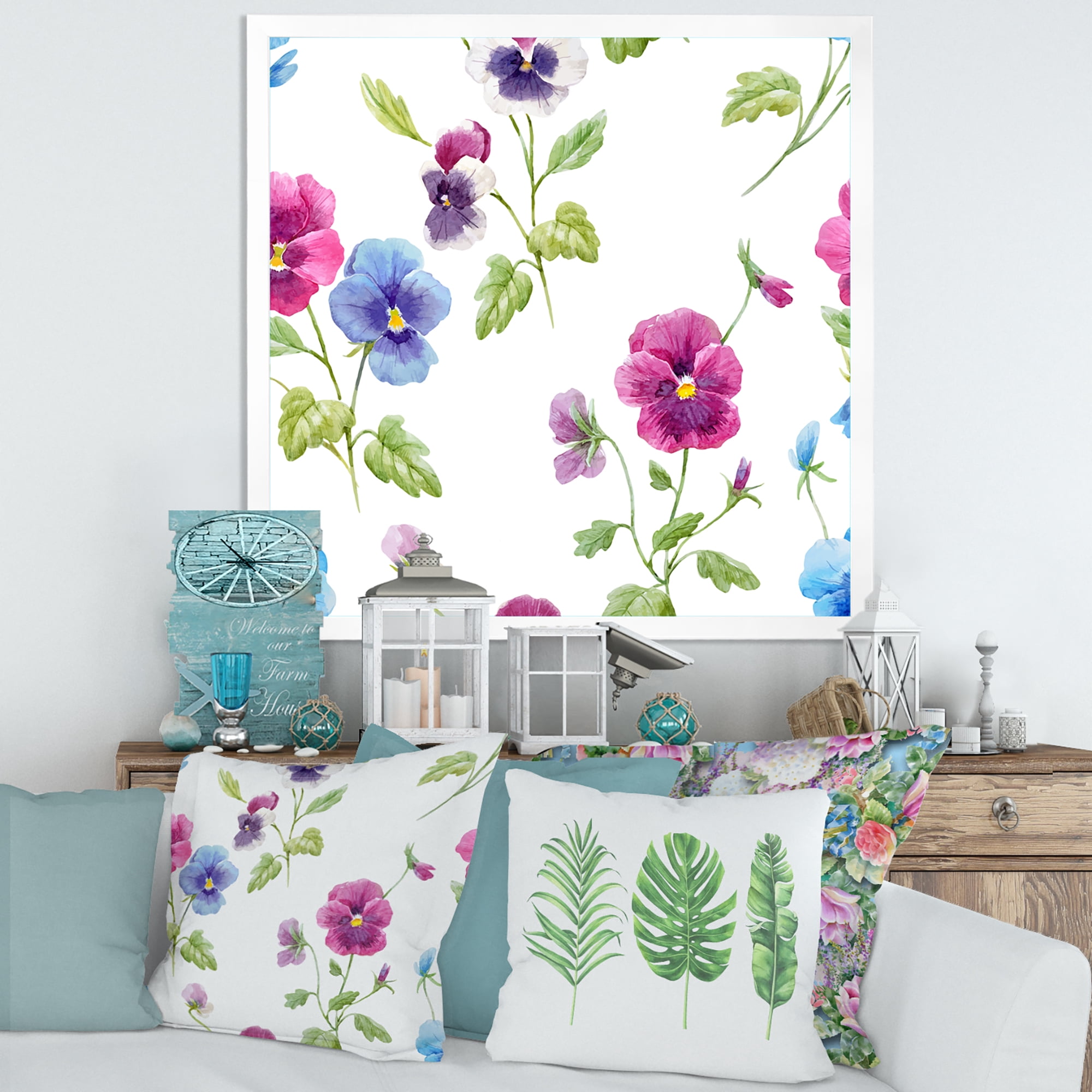 Designart 'Blue and Pink Pansy Flowers II' Traditional Framed Art Print