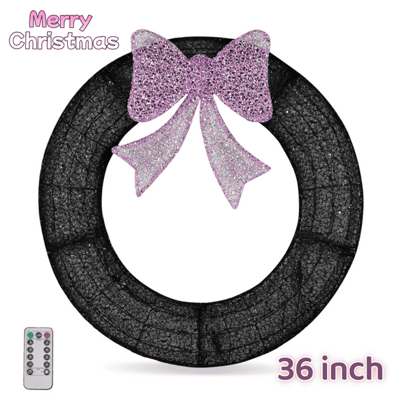 Tcbosik 36 Inch Pre-Lit Christmas Wreath Decoration with Remote Control and 175 Purple & Orange LED Lights, Outdoor Holiday Decor with Purple Bow, Easy Assembly, Black