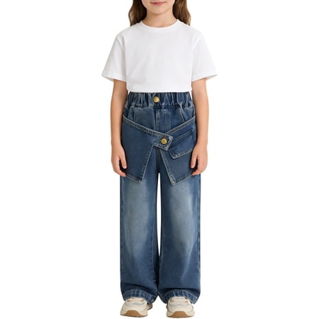 CAIVO Girls Denim Pleated Shorts With Patchwork Design Stylish Loose Wide Leg Denim Pants Comfortable Child Bottoms Soft Fabric All Day Play Wear