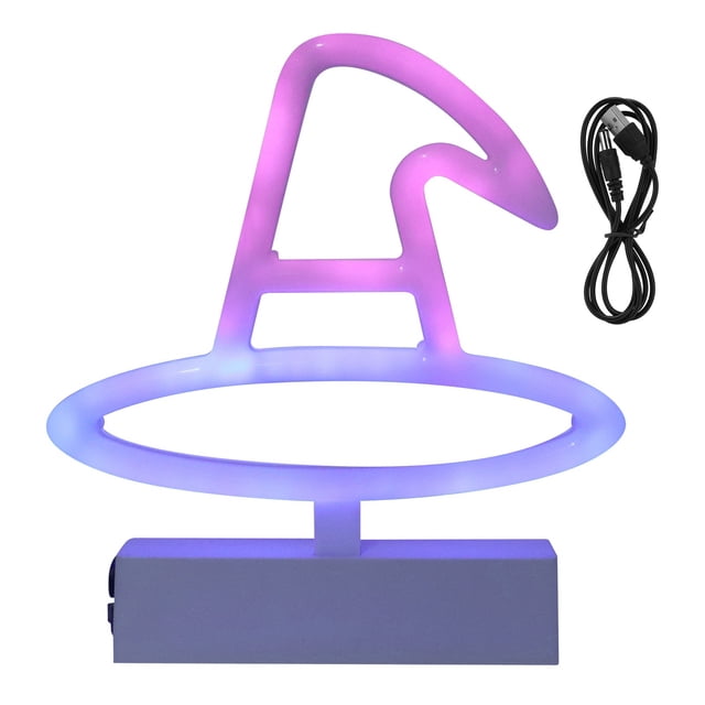 Lámpara decorativa de neón de plástico con forma de sombrero de bruja, alimentada por USB y RGB, para iluminación decorativa.