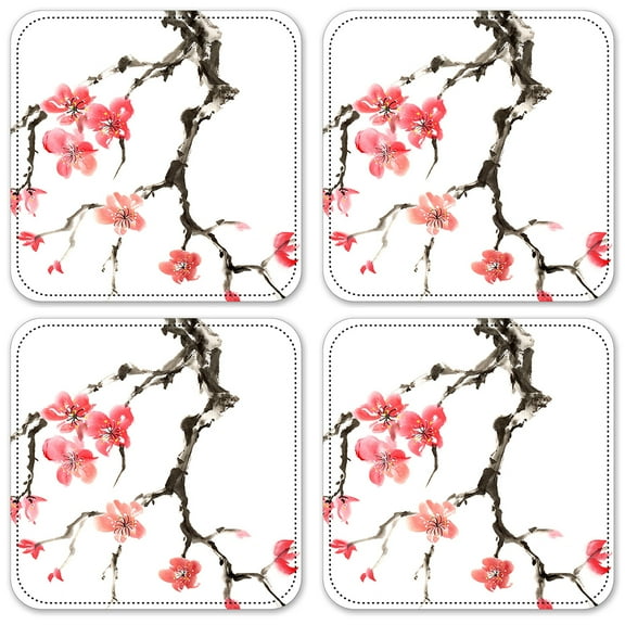 Vinyl Drink Coasters - Set of 4 - Pink Cherry Blossoms