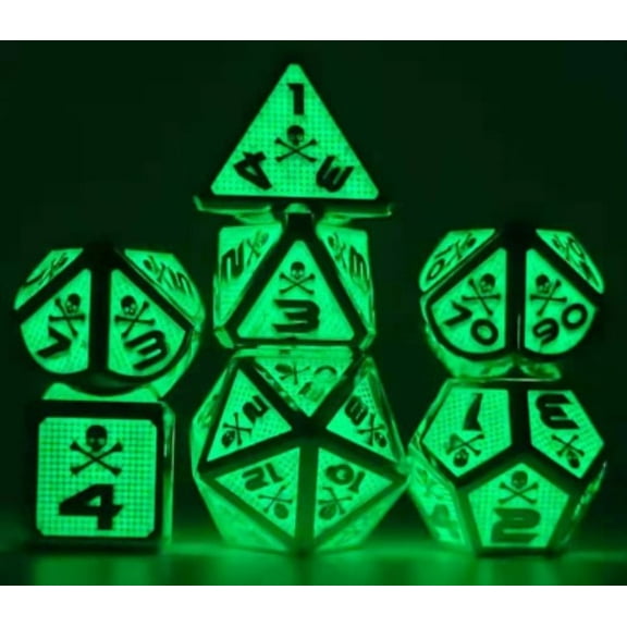 Galactic Dice Premium Dice Sets - Glow-in-the-Dark Skull Metal Set of 7 Dice with Tin