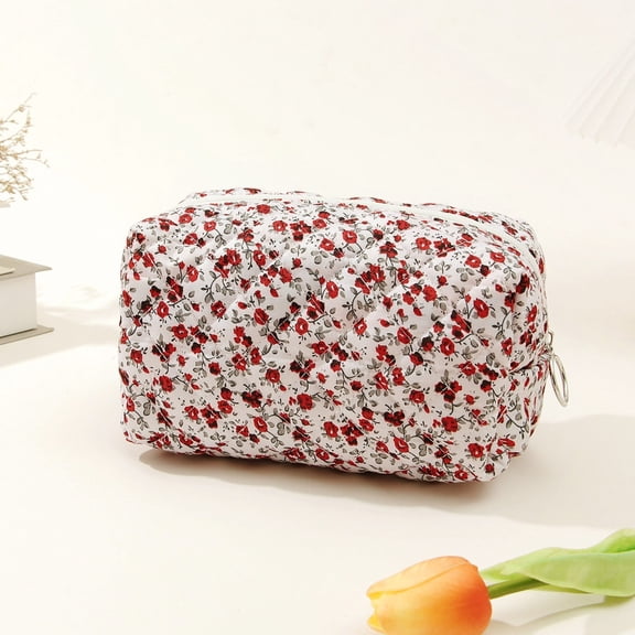 Travel Cosmetic Bag Floral Design Small Quilted Portable Makeup Pouch for Women Girls Organizer Storage