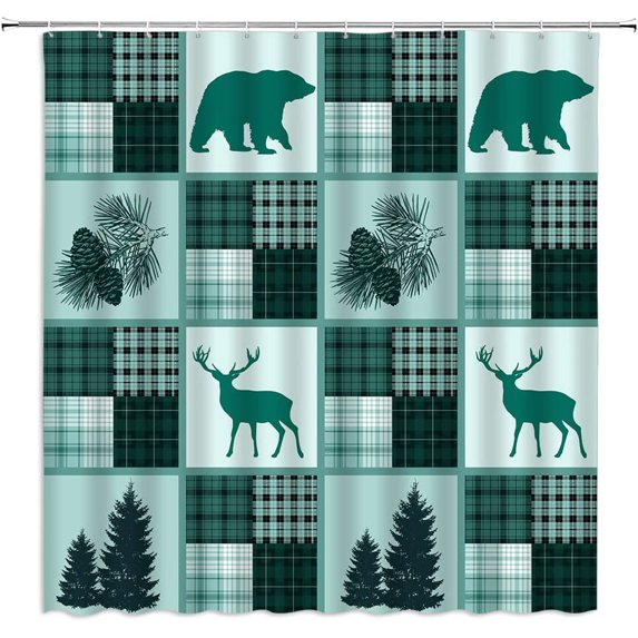 Rustic Bear Shower Curtain Buffalo Check Patchwork Cabin Camping Wildlife Bear Deer Moose Pine Tree Pinecone Farmhouse Vintage Hunting Green Fabric Home Bathroom Decor Set with Hooks(70"Wx84"H)