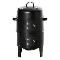 Charcoal BBQ Smoker, 3-in-1 Grill - 16" Round Charcoal Grill, Smoker & Fire Pit with Thermometer - Outdoor Camping, Picnic, Backyard Cooking - Black