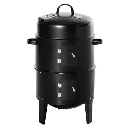 Charcoal BBQ Smoker, 3-in-1 Grill - 16" Round Charcoal Grill, Smoker & Fire Pit with Thermometer - Outdoor Camping, Picnic, Backyard Cooking - Black
