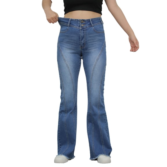 Mid Blue Women'S Jeans, Elegant Denim Bell Bottoms, Two Buttons, Frayed Hem, Slanted Pockets, Comfortable Elastic Fabric, Trendy And Fashionable Women'S Clothing, Machine Washable