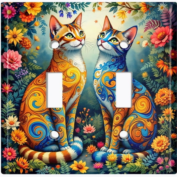 Metal Light Switch Wall Plate Outlet Cover (Printed Image of Blue and Orange Cats - Double Toggle)