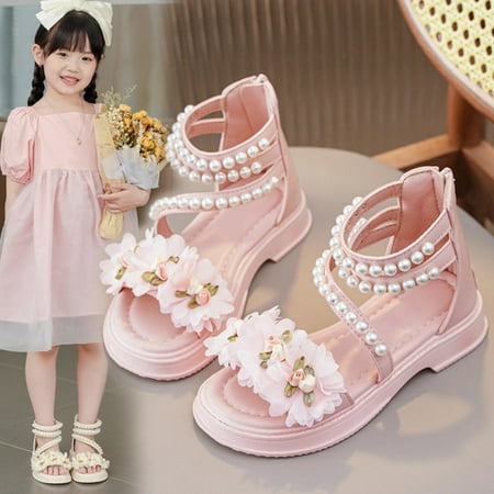

8QIDA Girls Sandals Size 6.5 Big Girls Girls Sandals Summer Children s Soft Sole Shoes Fashion Girls Pearl Flower Decoration Shoes Baby Beach Shoes 36