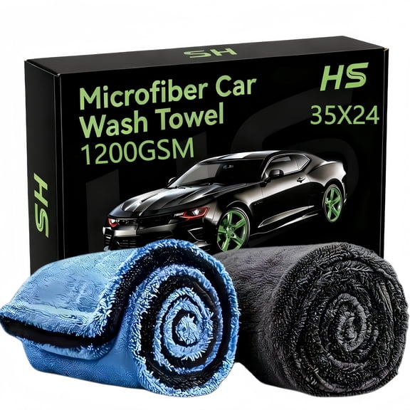 2-Pack Car Drying Towels, 1200 GSM Ultra Absorbent Microfiber Towels, 35" x 24" Double Twist Pile Cloth, Edgeless & Scratch-Free for Cars, Trucks, and SUVs, Grey/Blue