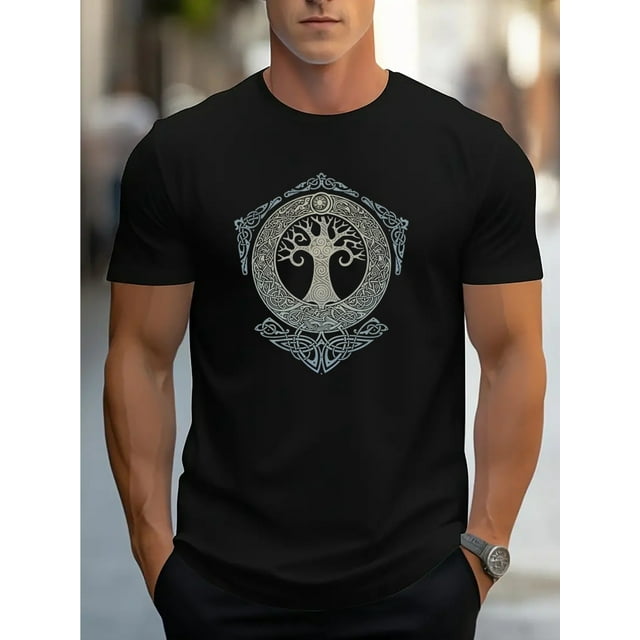 Men's Casual Cotton T-Shirt - Short Sleeve, Round Neck with Unique Tree Design, Perfect for Summer Leisure & Sports