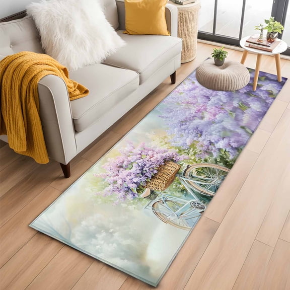 Spring Purple Lavender Kitchen Runner Rug 2x6 Washable Runners for Hallway Non Slip Flowers Bike Pastoral Country Large Area Rug Indoor Floor Carpet for Bathroom Laundry Entryway Bedroom Living Room