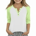 thumbnail image 1 of Cowsor Girl's Casual 3/4 Sleeve T Shirts Button V Neck Tunic Blouses Color Block Basic Tee Tops Loose Fit Summer Shirt, 1 of 6