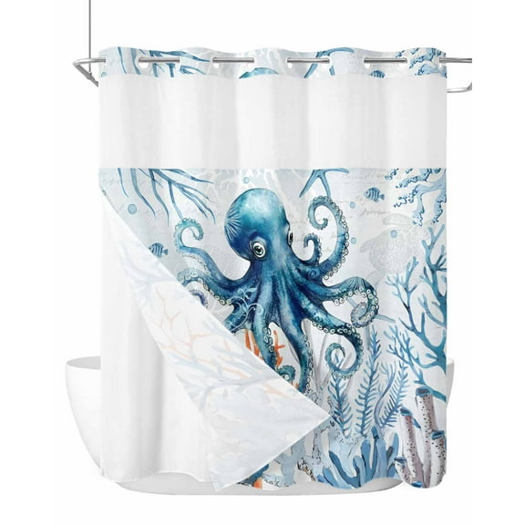 No Hook Cloth Fabric Shower Curtain with Snap in Liner, Octopus Waterproof Shower Curtains Set with See Through Top Window, Blue Coastal Starfish Ocean Coral Nautical Bath Curtains Shower 66"x72"
