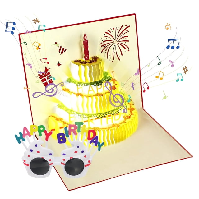 Tarjetas de cumpleaños 3D, tarjeta de pastel de cumpleaños con luz LED cálida de música con reproducción automática, tarjetas de felicitación musicales