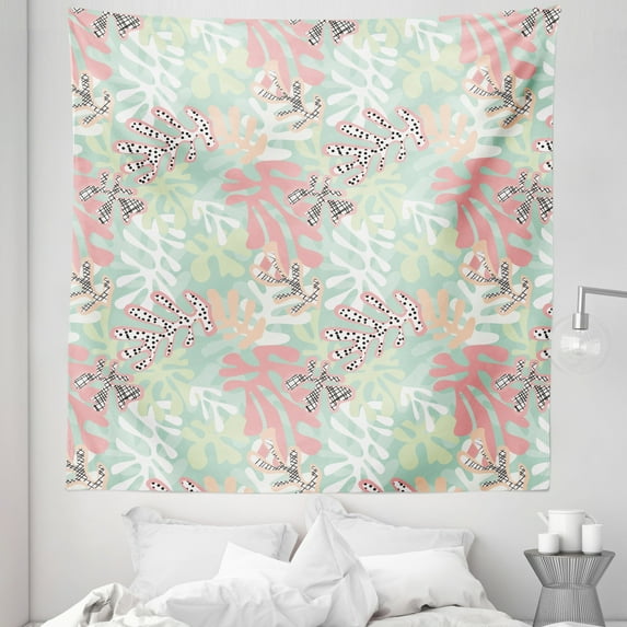 Nature Tapestry, Modern Matisse Art Inspired Leaf Algae Coral Shapes Illustration Foliage, Fabric Wall Hanging Decor for Bedroom Living Room Dorm, 5 Sizes, Mint Green Pink Peach, by Ambesonne