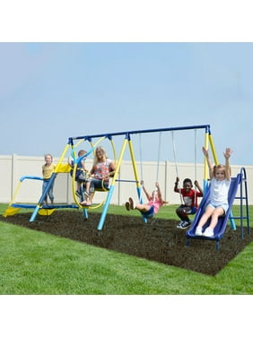 Sportspower Ridgewood Me and My Toddler Metal Swing Set with 5ft Heavy Duty Slide and Mini Trampoline