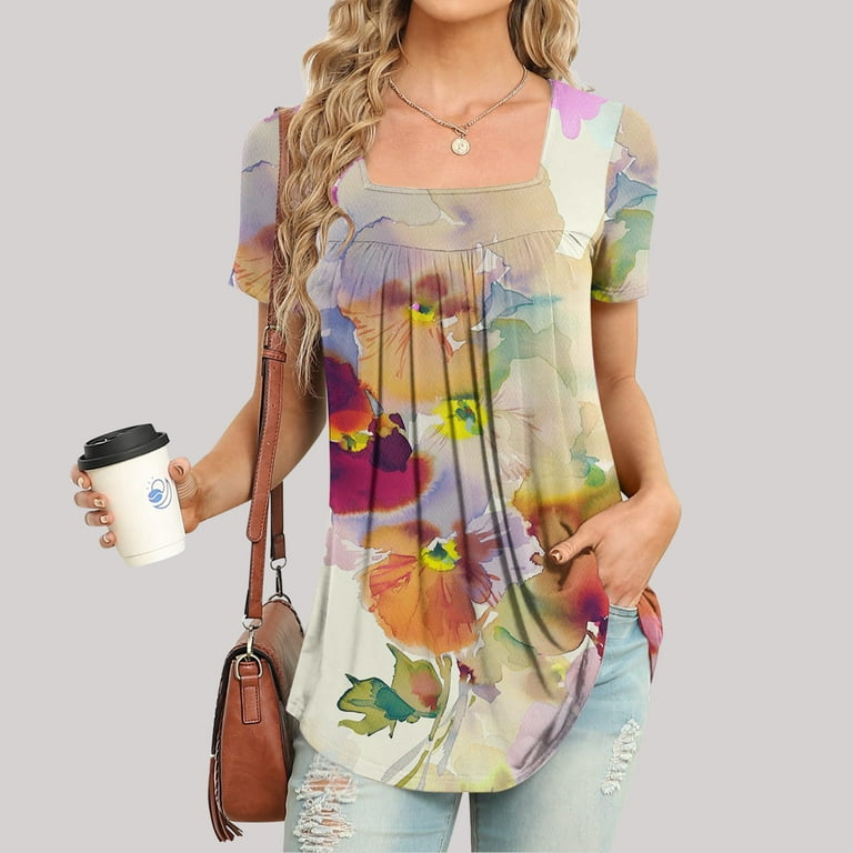 Women's Boho Tops Floral Square Neck Short Sleeve Summer Blouse Shirts  Stylish Hide Belly Loose Tunic Tops for Jeans