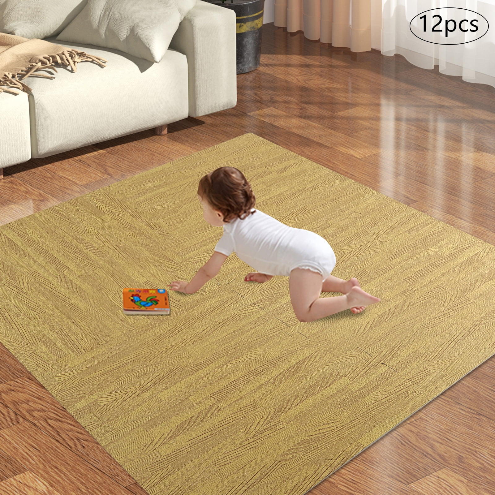 Wildnix Brown Foam Tiles with Wood Grain Pattern, EVA Foam Mats for Floor, 12 Pieces, Non-Slip, Safe for Kids, Elderly, and Home Decor