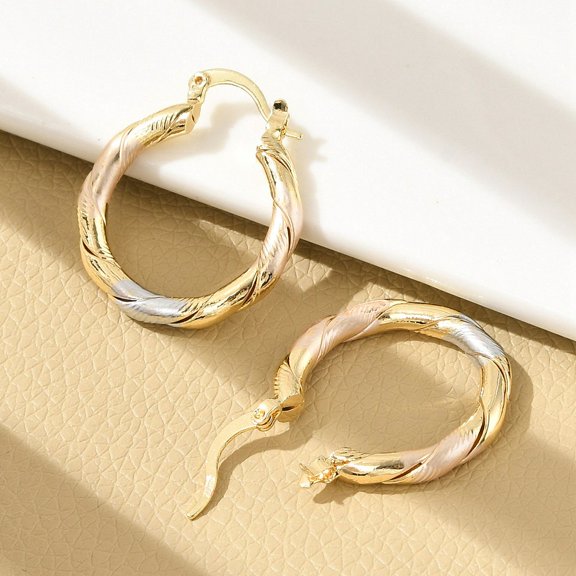 Brass Two Tone Twist Hoop Earrings Real 18K Gold Plated 25x3.5mm Pin: 14x1.5x0.5mm