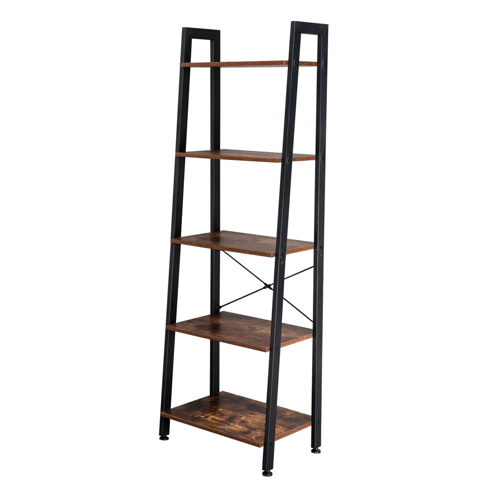 5 Tiers Industrial Ladder Shelf, Vintage Bookcase With Ladder