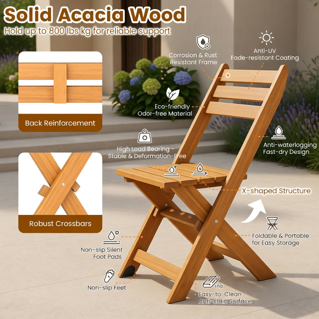 Hommoo 2-Person Folding Acacia Wood Patio Bench, Ergonomic 105° Backrest, Compact Foldable Design for Garden, Porch & Balcony, Natural