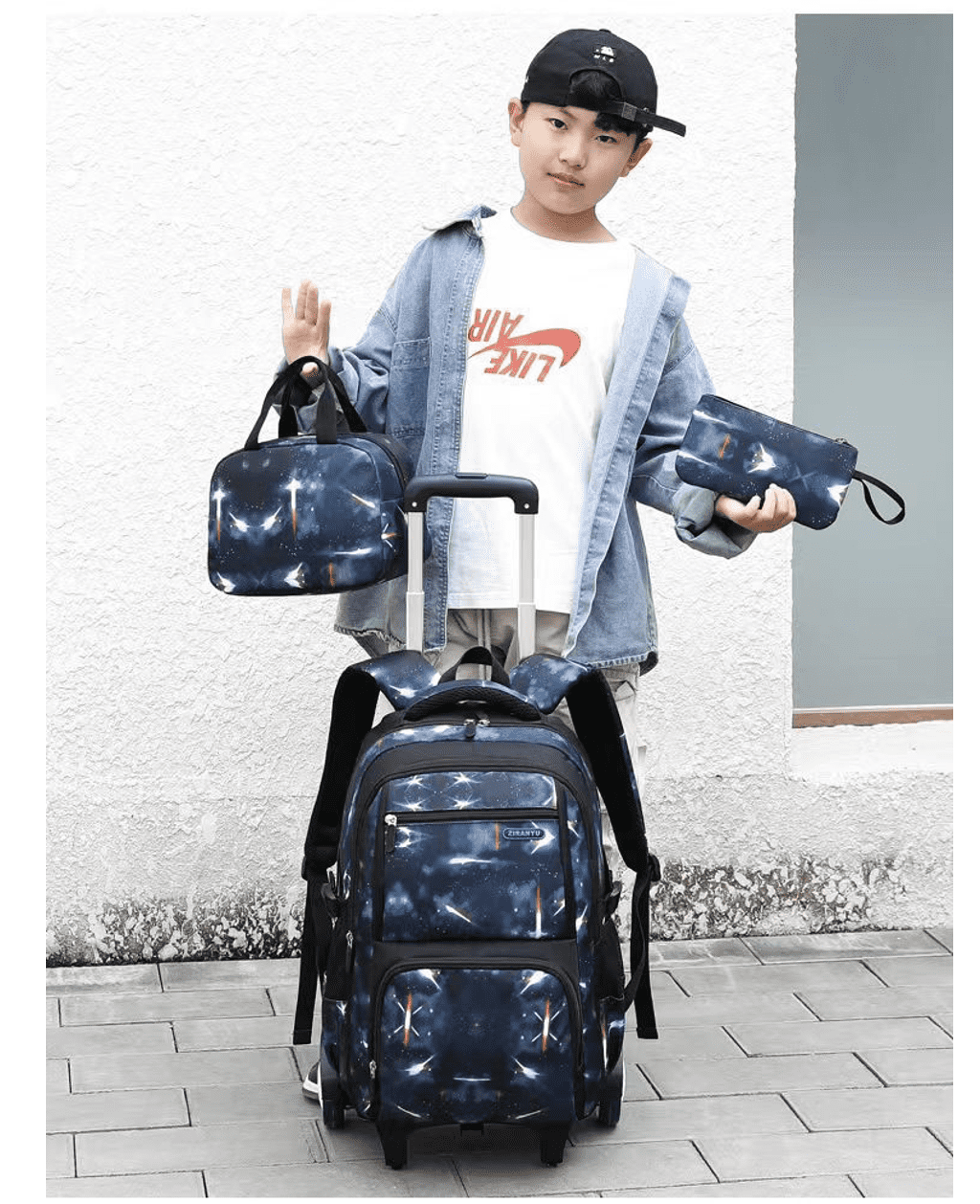Wadan 6-Wheels Rolling Stylish School Bag Set 18-inch Shoulder Backpack with Lunch Bag & Pen Pouch - All in One-for Boys/Girls