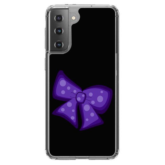 DistinctInk Clear Shockproof Hybrid Case for Galaxy S21  PLUS 5G (6.7" Screen) - TPU Bumper, Acrylic Back, Tempered Glass Screen Protector - Purple Black Bow Ribbon - Cartoon Bows / Ribbons