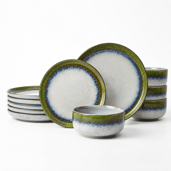 Green Stoneware Dinnerware Set Service for 4, Reactive Glaze Kiln-Fired Tableware
