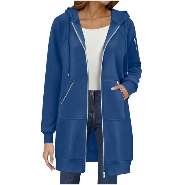 Yanlir Veste à Capuche à Manches Longues pour Femmes Doublée en Polaire Confortable Fermeture Éclair devant Vêtement d'Extérieur Décontracté Hiver Chaud Chandail Doux Tissu Poches Mode Urbaine(Bleu,G)