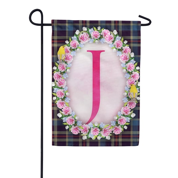 America Forever Spring Monogram Garden Flag Letter J 12.5 x 18 inches Double Sided Vertical Outdoor, Yard, Lawn, Seasonal Decorative Yellow Flowers, Pink Rose, Floral Wreath Garden Flag